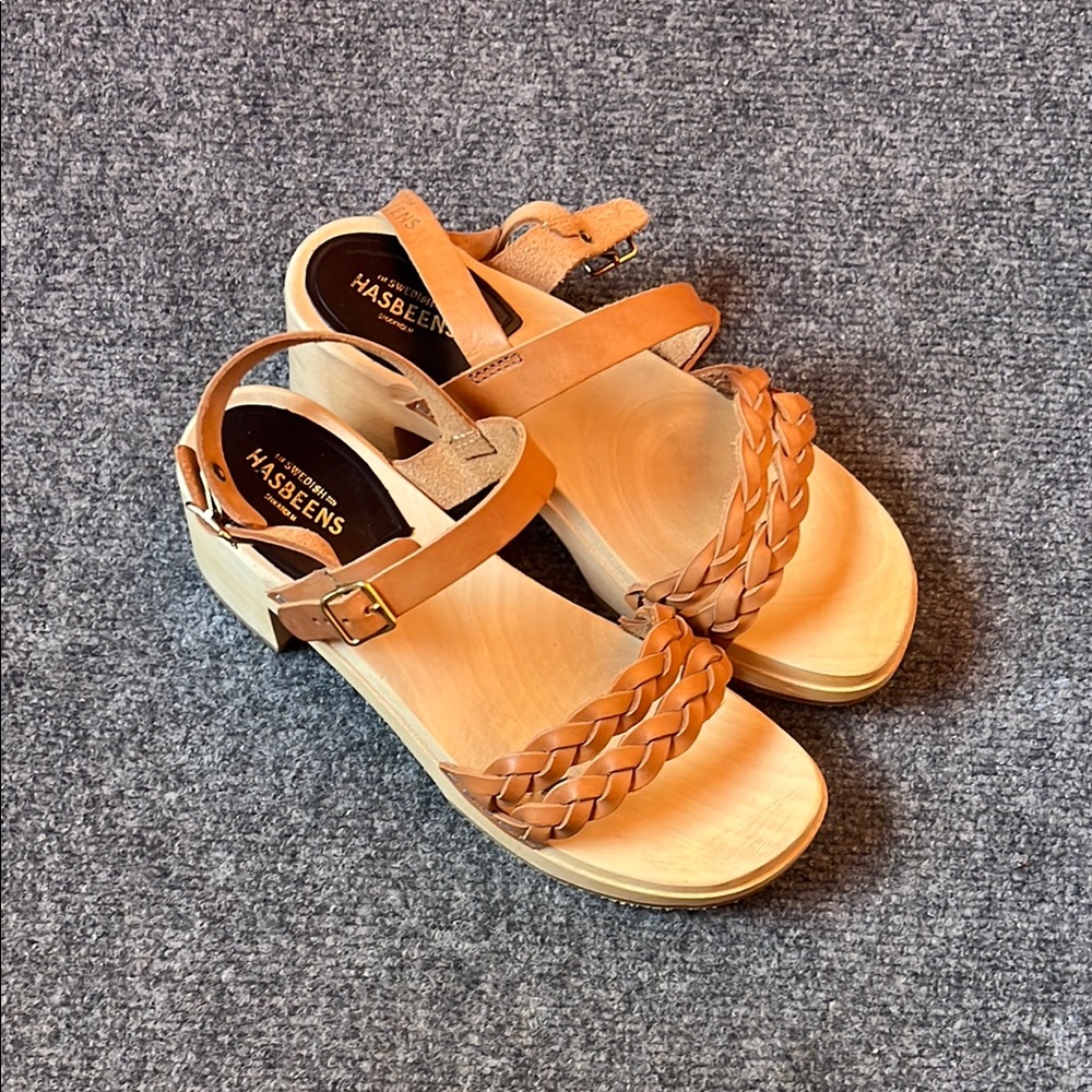 Swedish Hasbeens Tan Leather Sandals with Braided Detail